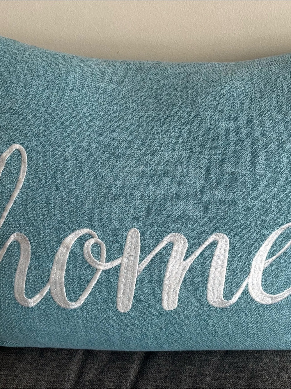 Embroidered Teal Accent Pillow with White 'home' Script
